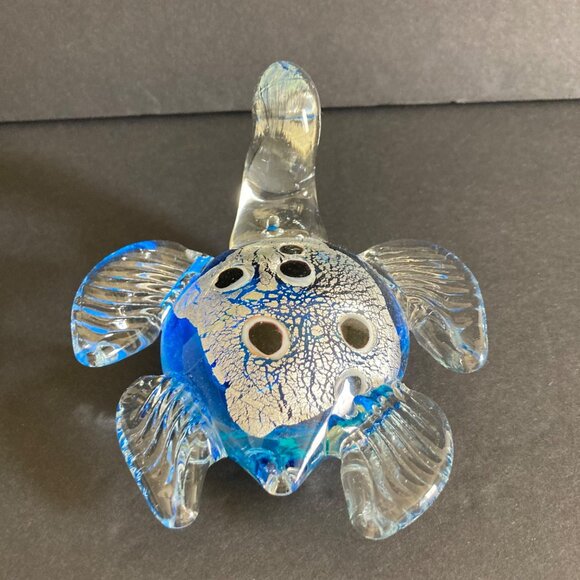 Art Glass Sea Turtle Blue And Silver Figurine Paperweight - Picture 4 of 7